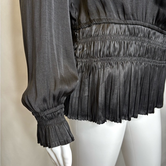 Philosophy Satin Pleated Smocked Blouse Size Large Black Long Balloon Sleeve Top - Picture 5 of 11